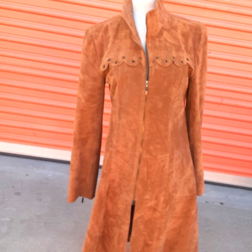 Boho  Tan Suede Zip Front Vtg Sheath Dress Scallop trim Long sleeves , SZ M - Picture 2 of 8
